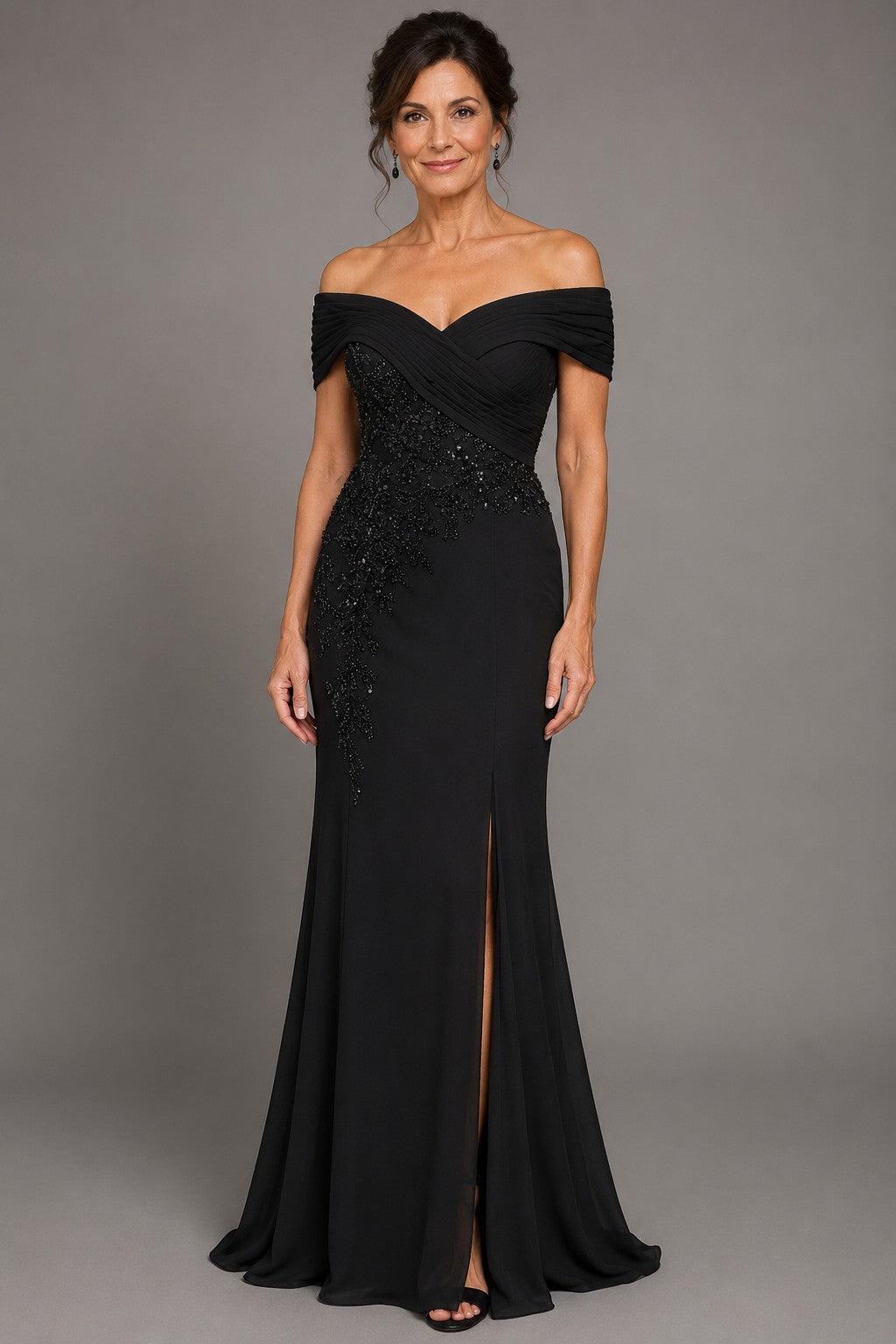 Sheath-Column Floor Length Chiffon Stretch Satin Mother of the Bride Dress CM0468 - Black - COCOMELODY